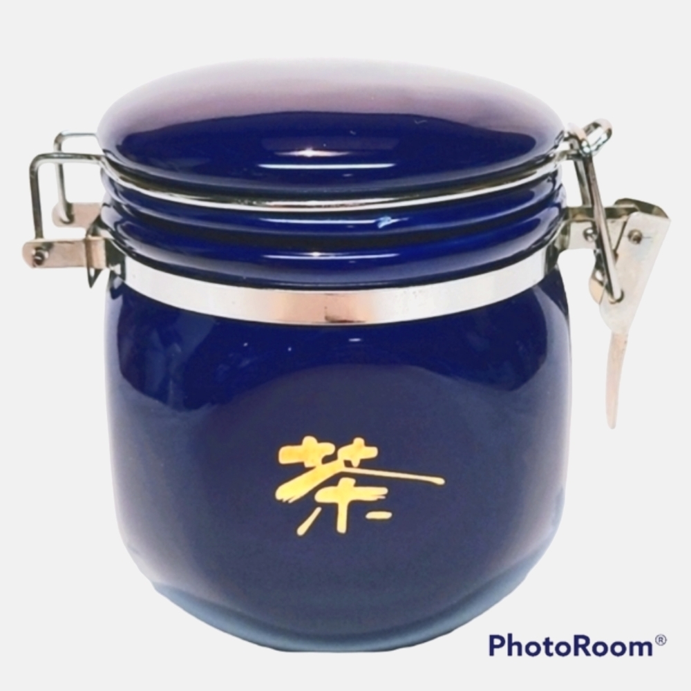 Cobalt Blue Small Jar Locking Lid Pottery Asian Gold Accent 1990s